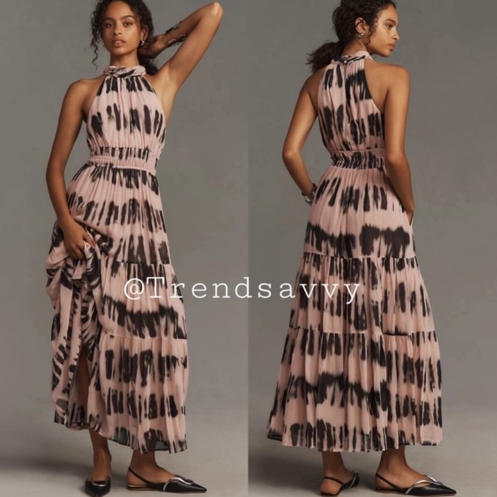 Anthropologie Somerset Halter Maxi Dress Neutral Smocked Waist Size XL NWT